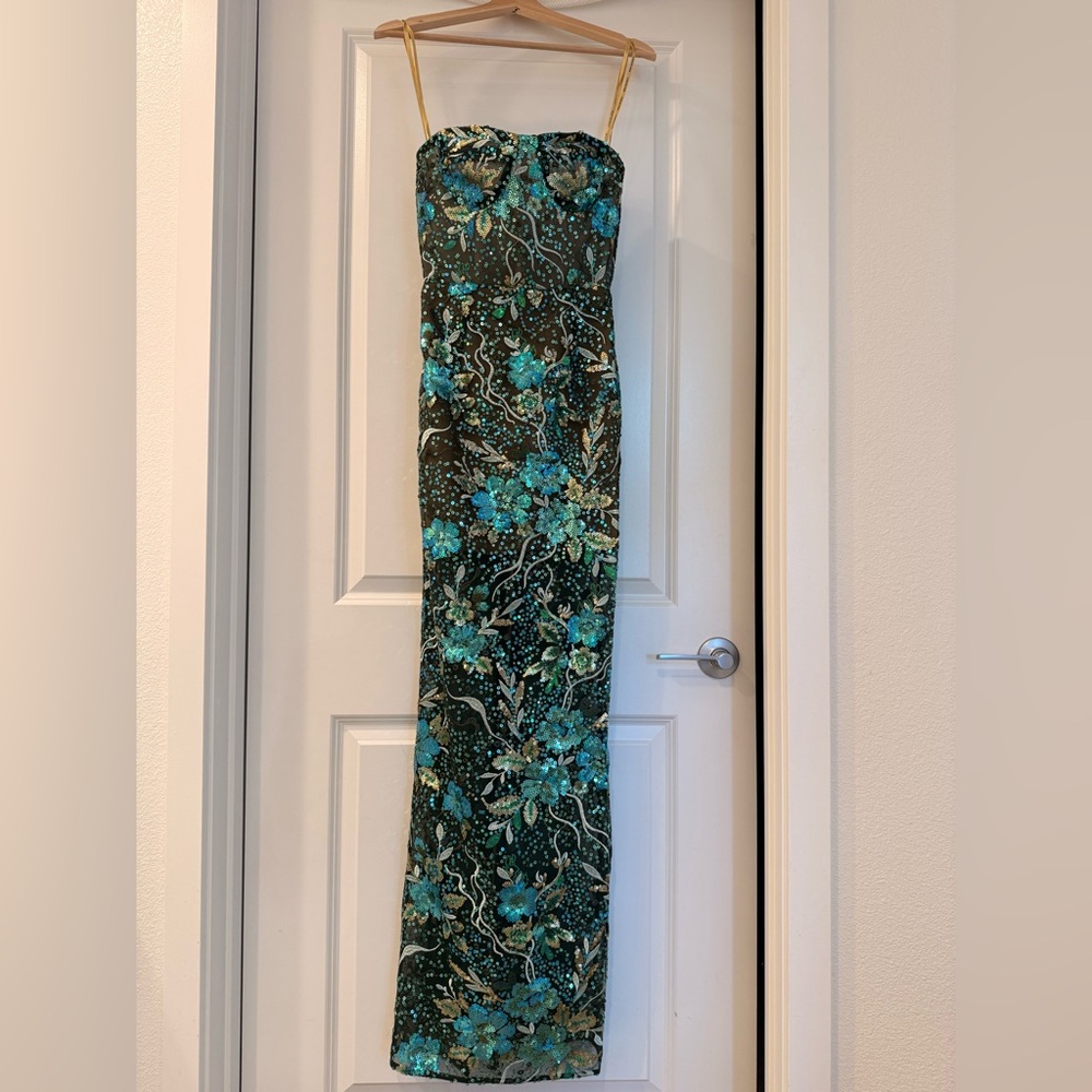 NWOT BRONX AND BANCO Dahlia Teal Multi Maxi Dress, Strapless Floral Gown - Picture 3 of 14